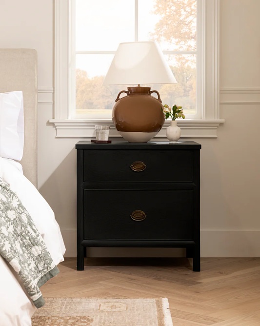 Corvin Nightstand – Charcoal Oak | Brass Accents