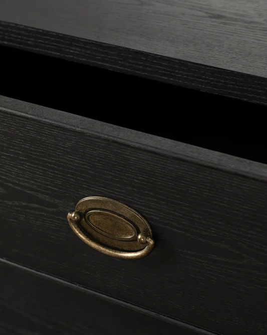 Corvin Nightstand – Charcoal Oak | Brass Accents