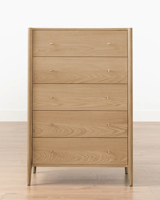 Everett Tallboy Dresser – Light Oak Finish | Brass Handles