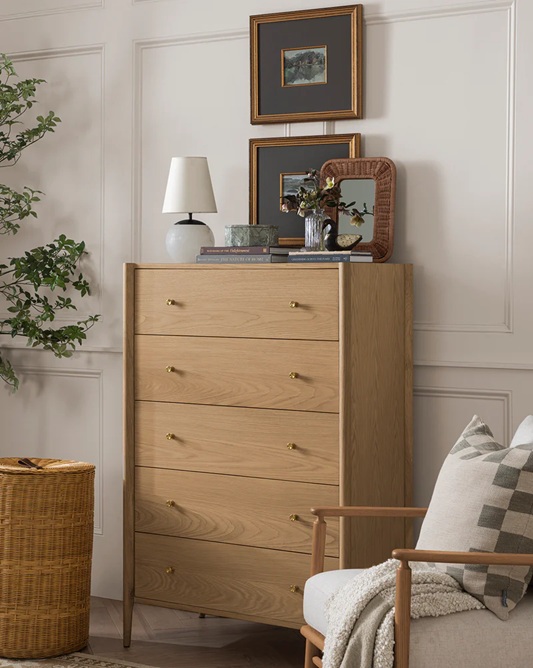 Everett Tallboy Dresser – Light Oak Finish | Brass Handles