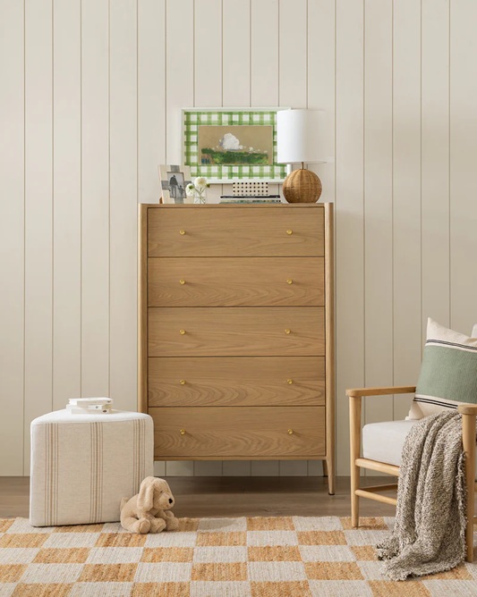 Everett Tallboy Dresser – Light Oak Finish | Brass Handles