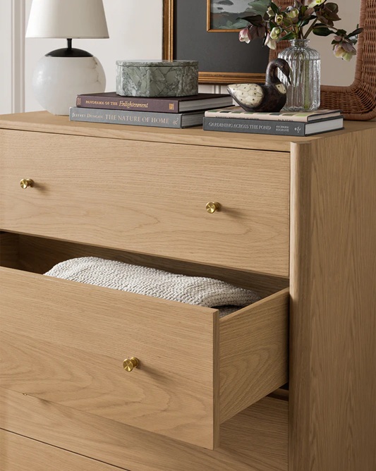 Everett Tallboy Dresser – Light Oak Finish | Brass Handles