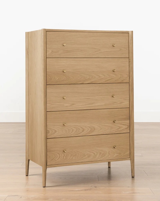Everett Tallboy Dresser – Light Oak Finish | Brass Handles