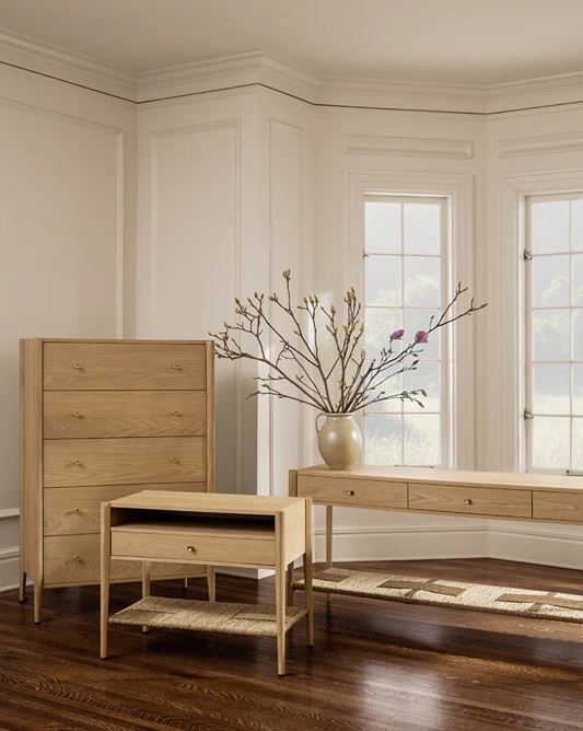 Everett Tallboy Dresser – Light Oak Finish | Brass Handles