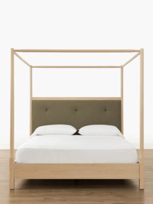 Liora Canopy Bed – Light Oak | Tufted Fabric Headboard