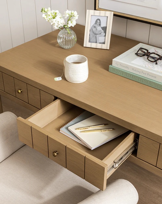 Ronan Desk – Natural Oak | Brass Knobs