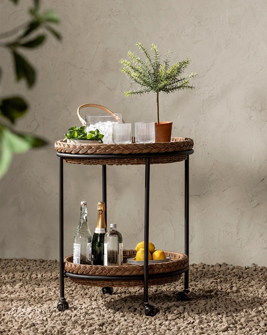 Solara Outdoor Bar Cart – Handwoven Rattan | Natural Weave Finish